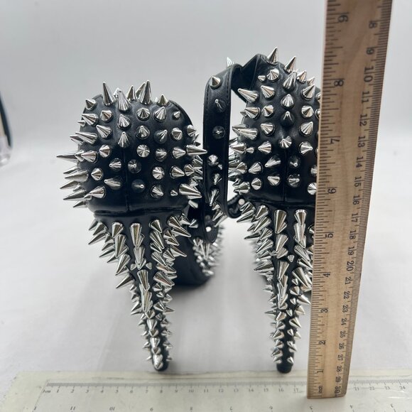 FSJ Black Spiked High Heel with Studded Ankle Strap Peep Toe Platform Sandals - Picture 5 of 8